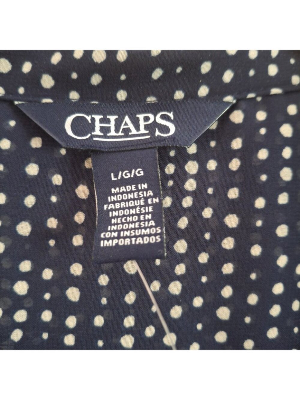 Women's Chaps Button Down Blouse SZ L Navy White Polka Dot Sheer Tunic NWT - Picture 6 of 9